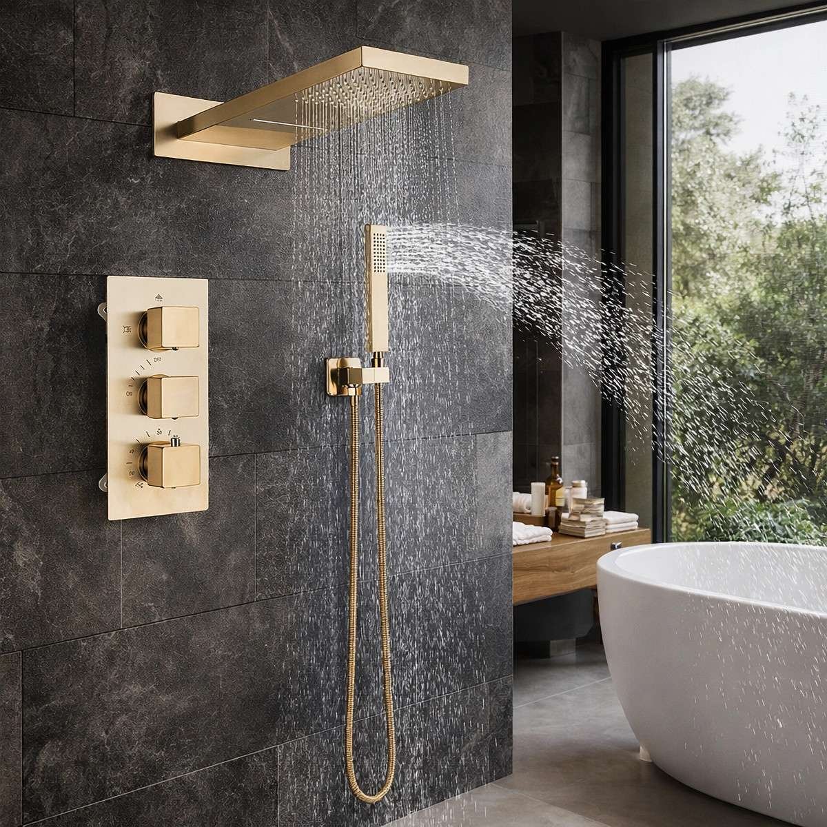 Douche encastrée thermostatique Xirok – pluie, cascade & air injection
