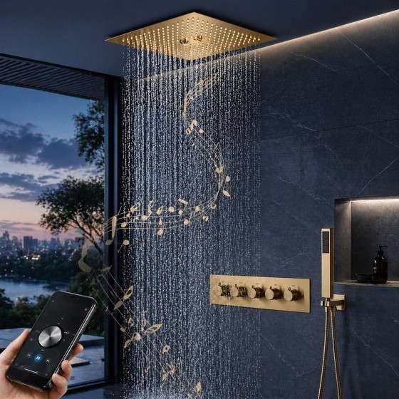 Ciel de pluie LED Bluetooth Caracas – Doré brossé