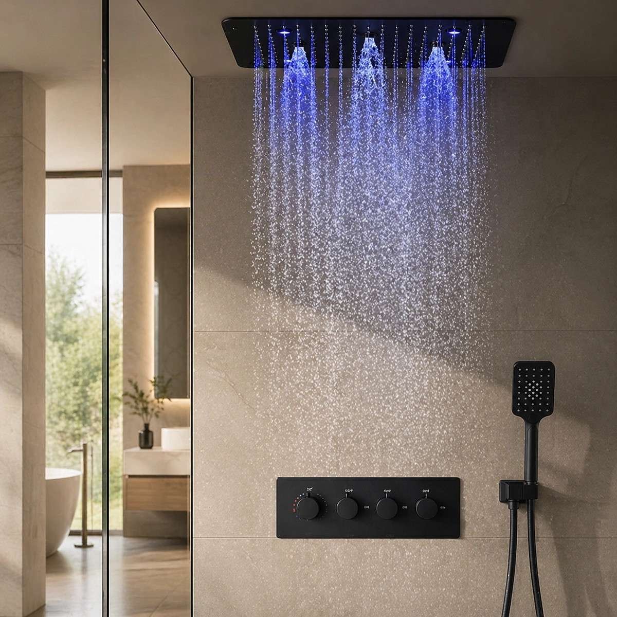 Composition de douche Victoria – LED noir mat 500×500