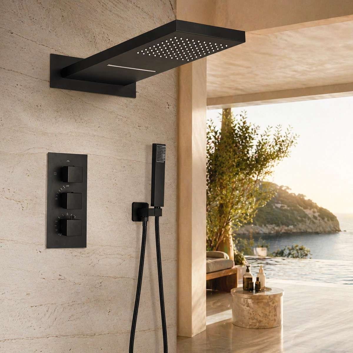 Douche encastrée thermostatique Hanoï noire – pluie & cascade