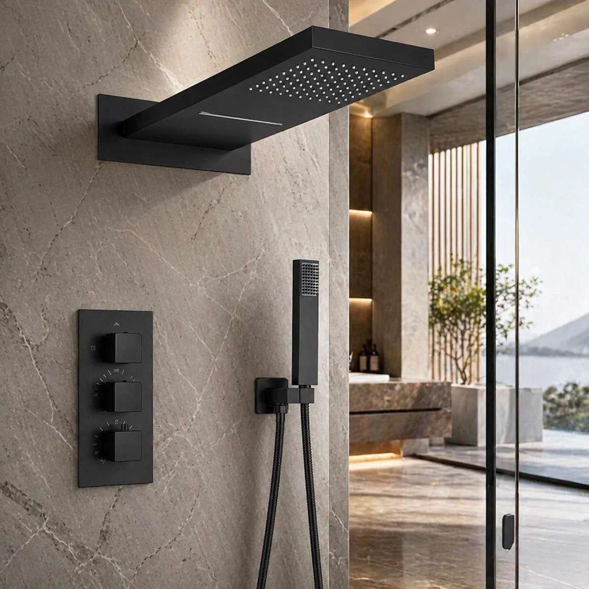 Douche encastrée thermostatique Hanoï noire – pluie & cascade