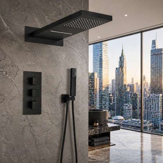 Douche encastrée thermostatique Hanoï noire – pluie & cascade