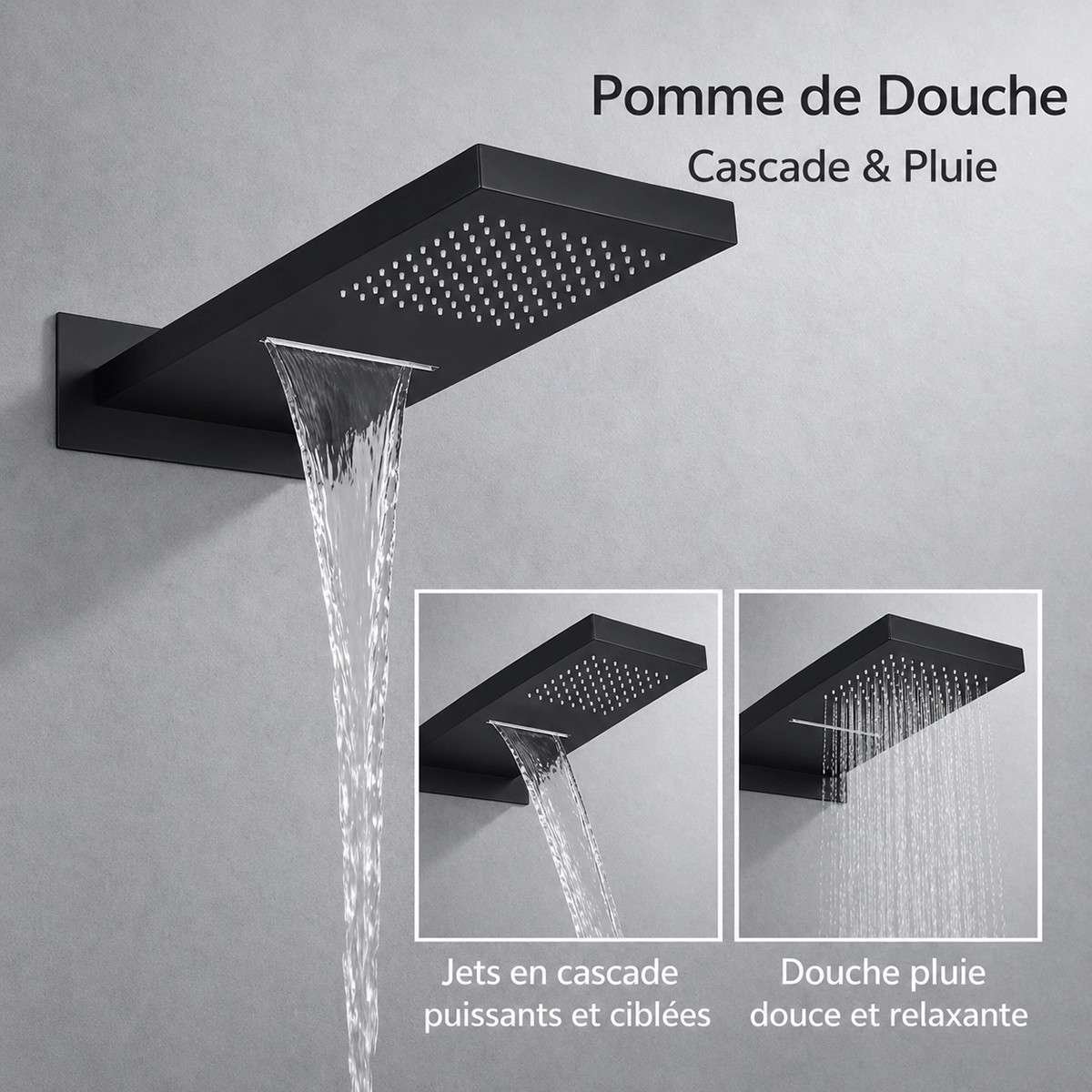 Douche encastrée thermostatique Hanoï noire – pluie & cascade