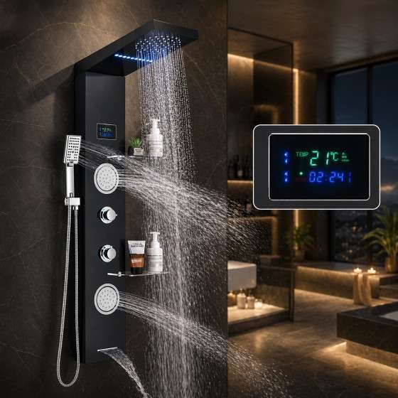 Panneau de douche hydromassant LED Ténor – Noir luxe