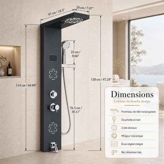 Panneau de douche hydromassant LED Horus – Noir luxe