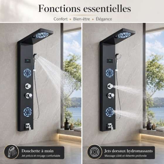 Panneau de douche hydromassant LED Horus – Noir luxe