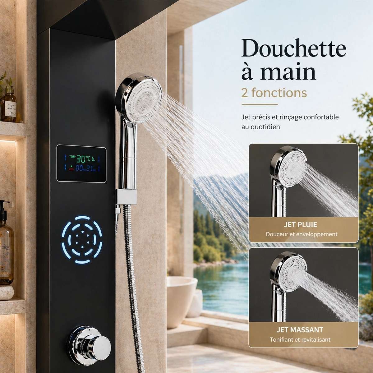 Panneau de douche hydromassant LED Horus – Noir luxe