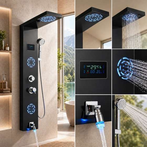Panneau de douche hydromassant LED Horus – Noir luxe