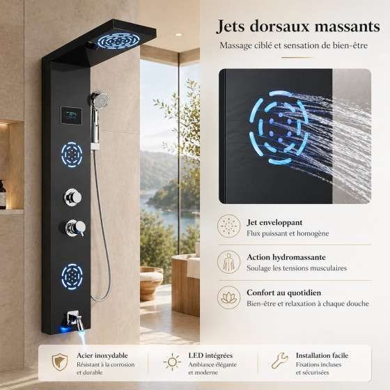Panneau de douche hydromassant LED Horus – Noir luxe