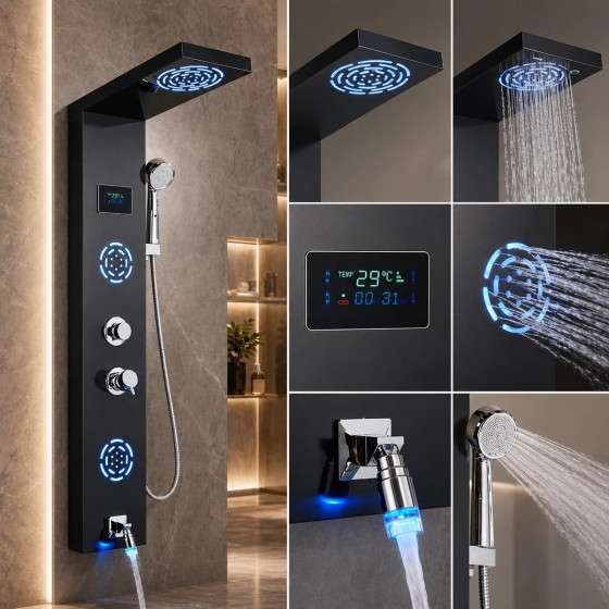 Panneau de douche hydromassant LED Horus – Noir luxe