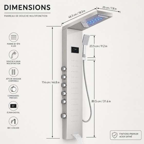 Panneau de douche hydromassant led gris, Oracle