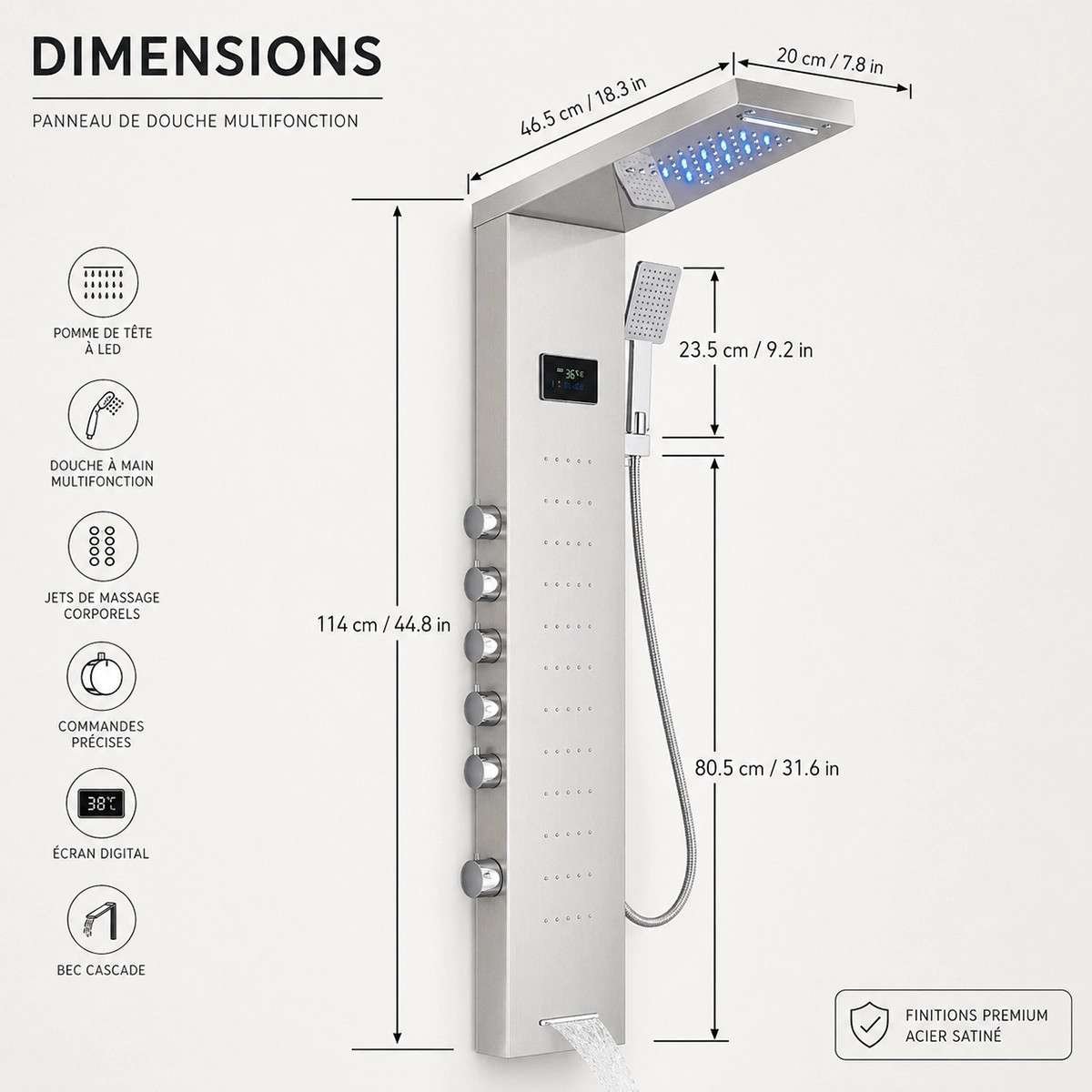 Panneau de douche hydromassant led gris, Oracle