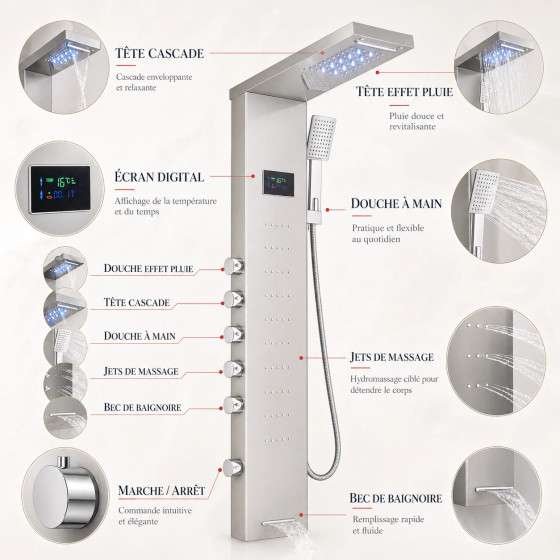 Panneau de douche hydromassant led gris, Oracle