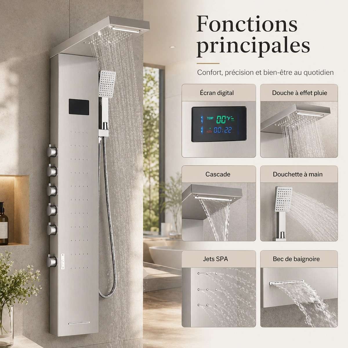 Panneau de douche hydromassant led gris, Oracle