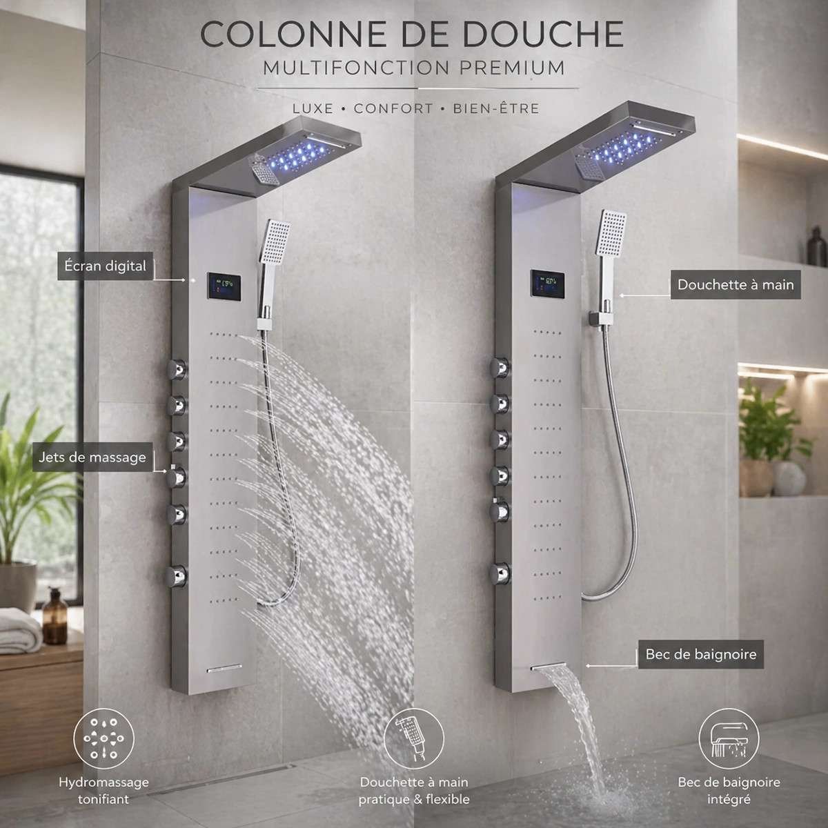 Panneau de douche hydromassant led gris, Oracle