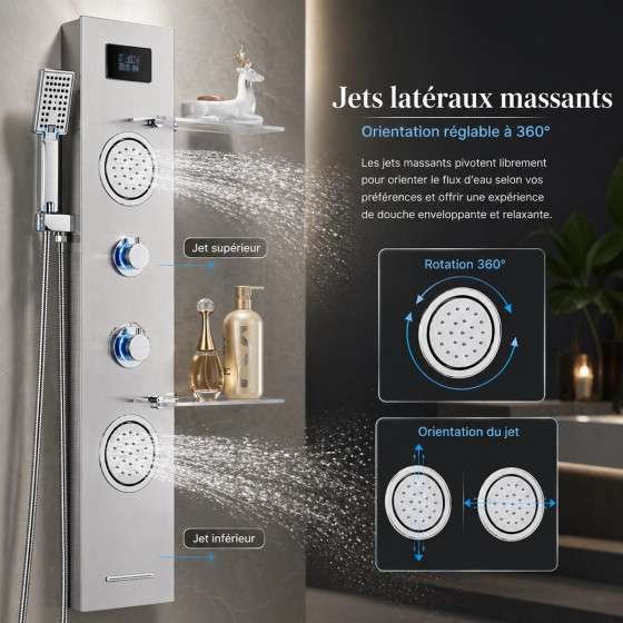 Panneau de douche hydromassant LED Narko gris