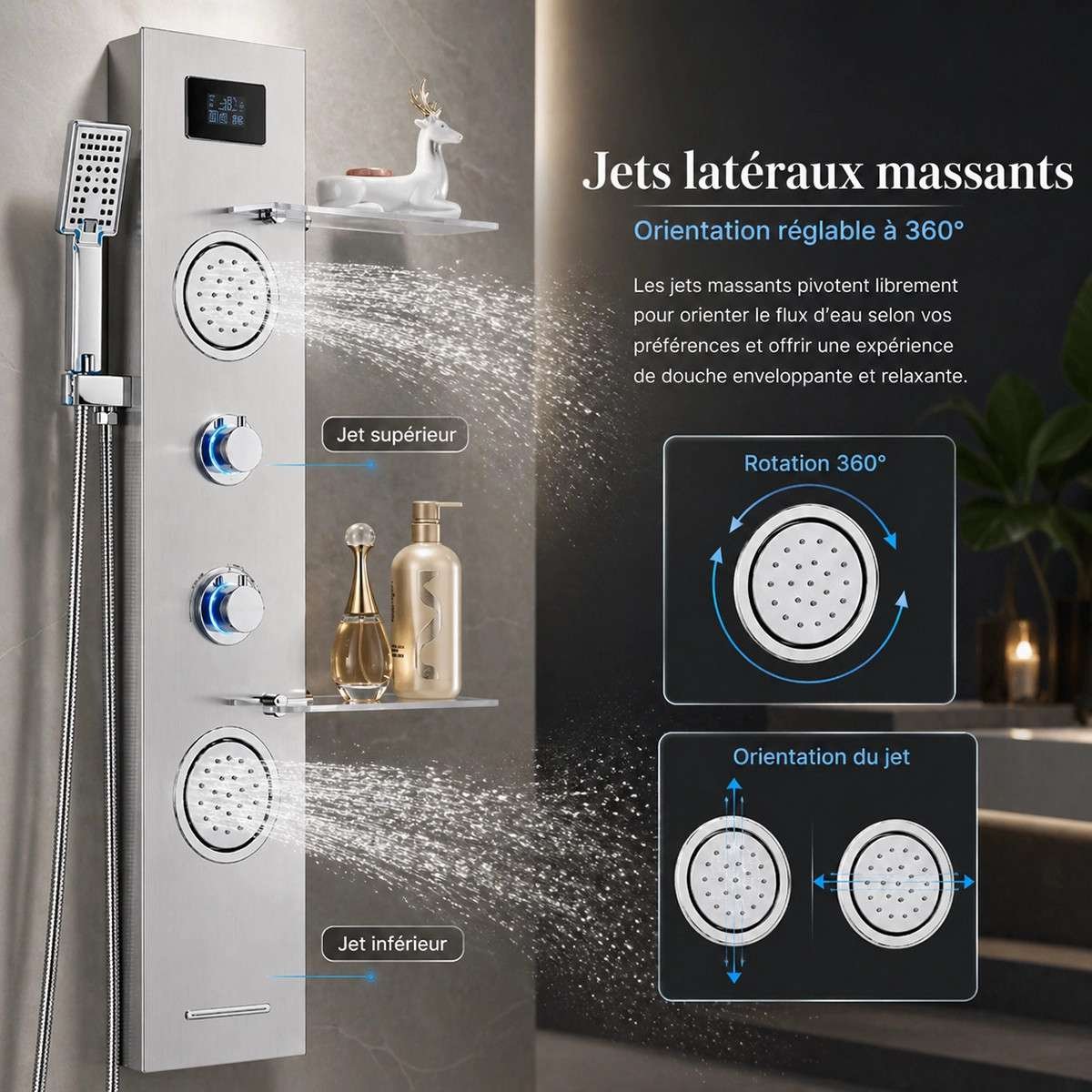 Panneau de douche hydromassant LED Narko gris