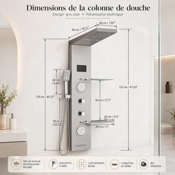 Panneau de douche hydromassant LED Narko gris