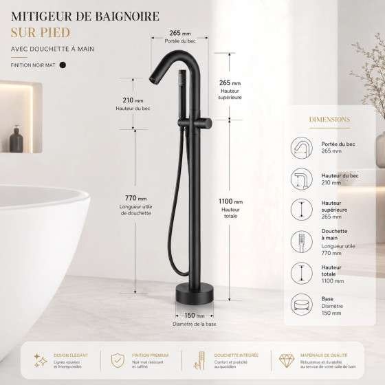 Mitigeur baignoire îlot au sol noir mat Bracchi