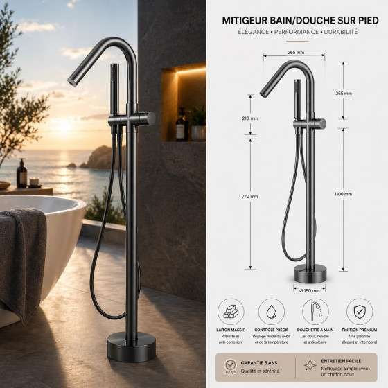 Mitigeur baignoire sur pied Murcie gun métal | Design moderne
