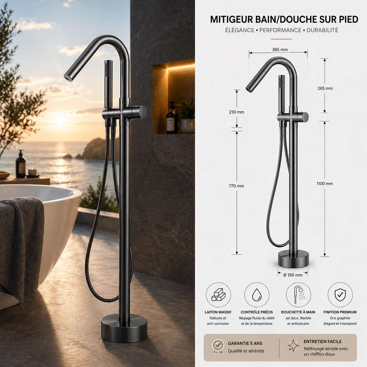 Mitigeur baignoire sur pied Murcie gun métal | Design moderne