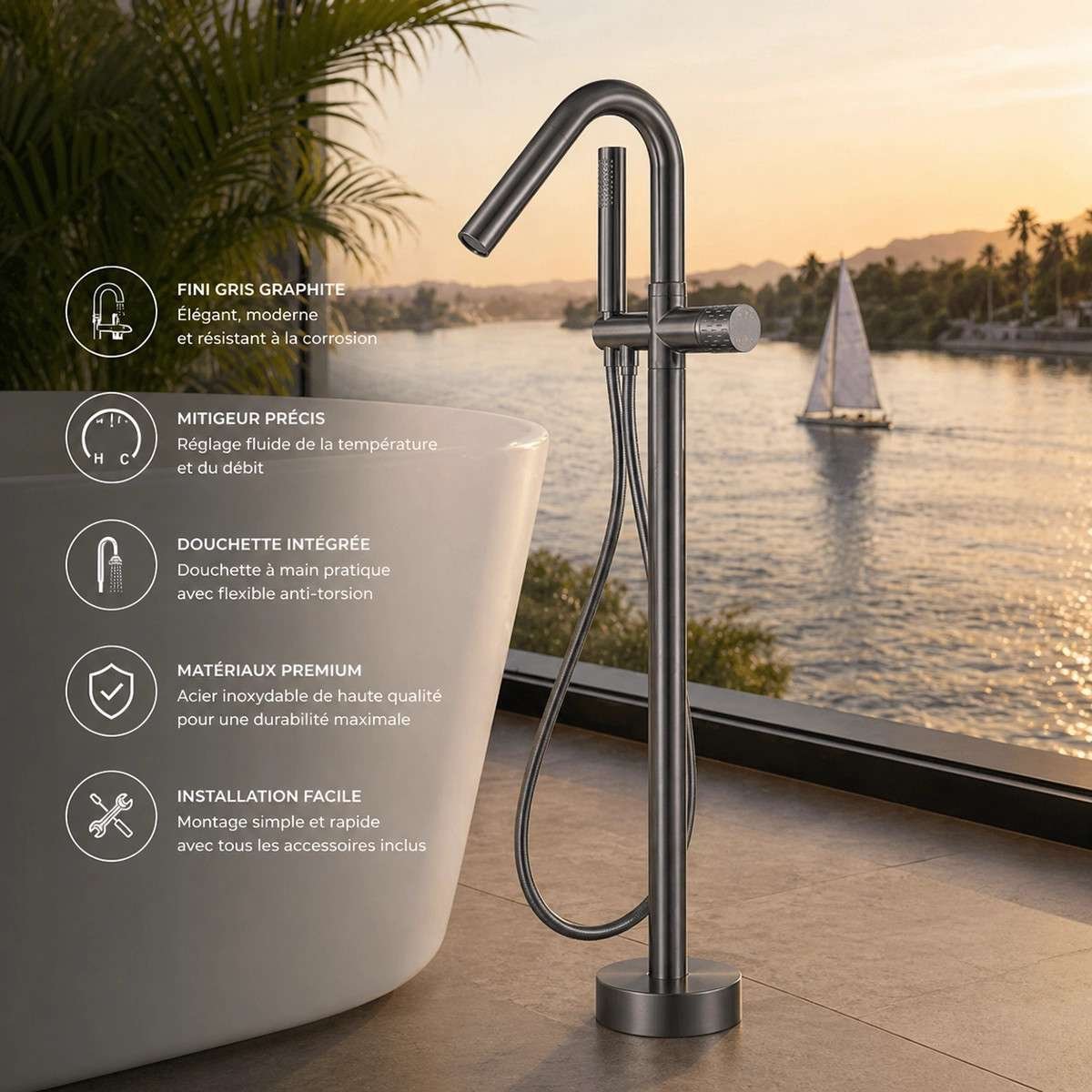 Mitigeur baignoire sur pied Murcie gun métal | Design moderne