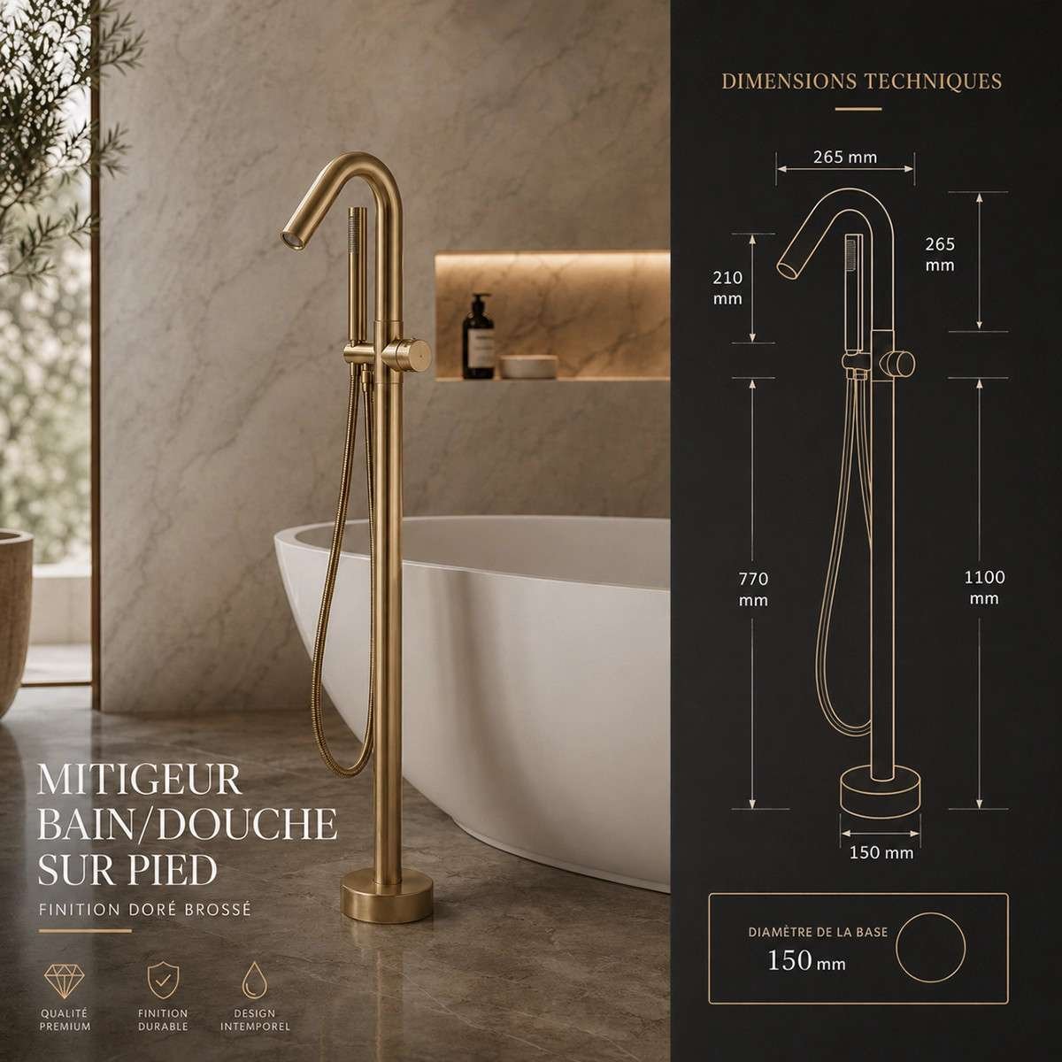 Mitigeur baignoire îlot Most doré brossé | Design premium