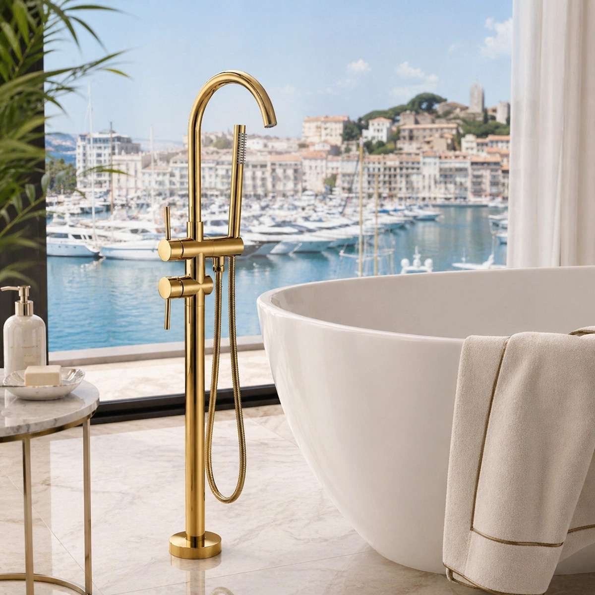 Mitigeur baignoire îlot au sol doré Liaty inox