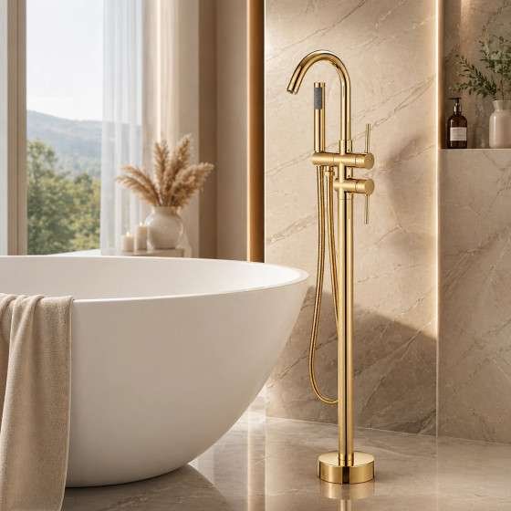 Mitigeur baignoire îlot au sol doré Liaty inox