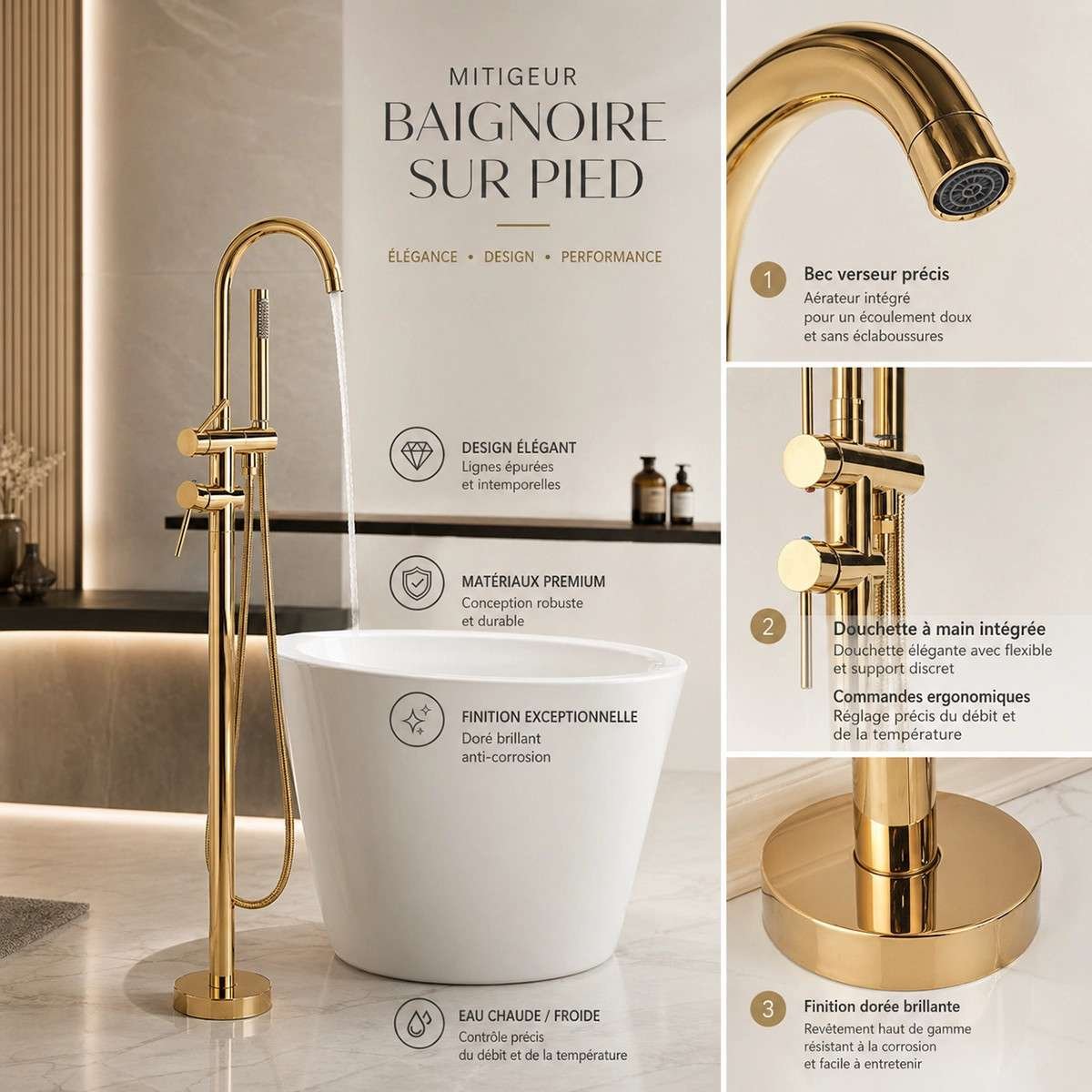 Mitigeur baignoire îlot au sol doré Liaty inox
