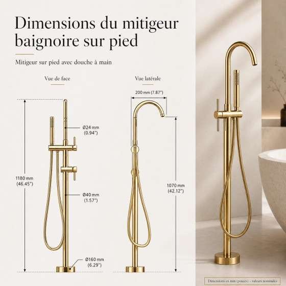 Mitigeur baignoire îlot au sol doré Liaty inox