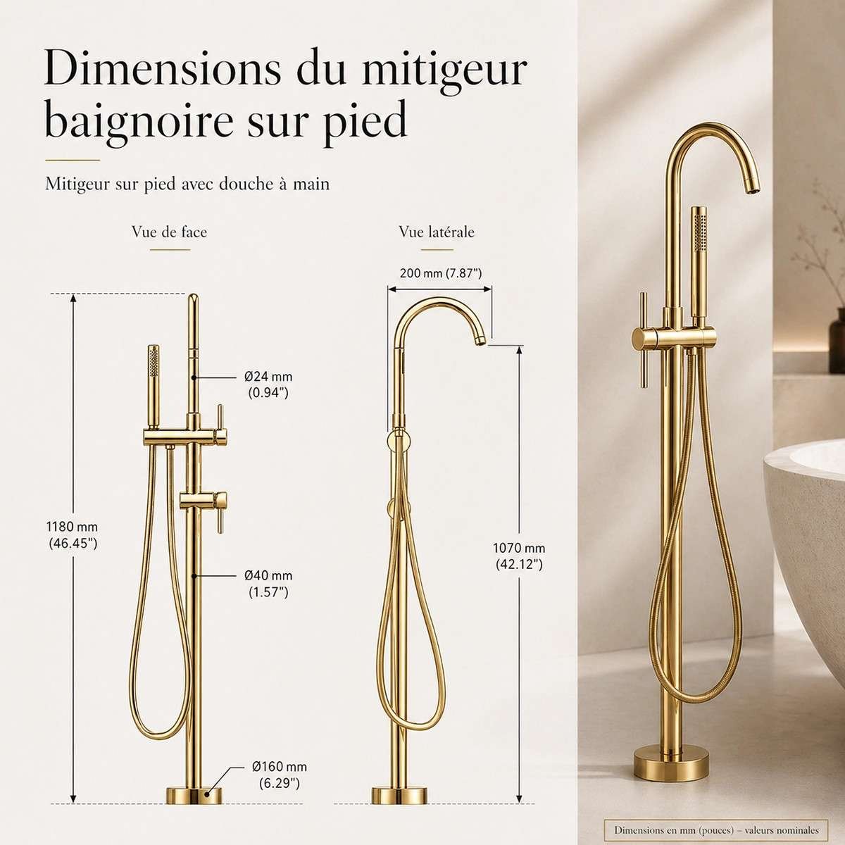 Mitigeur baignoire îlot au sol doré Liaty inox