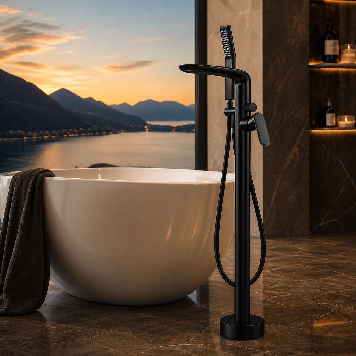 Mitigeur sur Pied Noir Stim – Cascade Élégante & Douchette