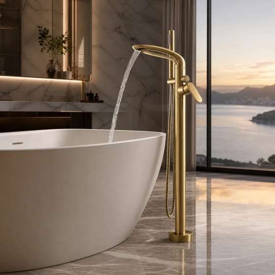 Mitigeur sur Pied Doré Stim – Cascade & Douchette Luxe