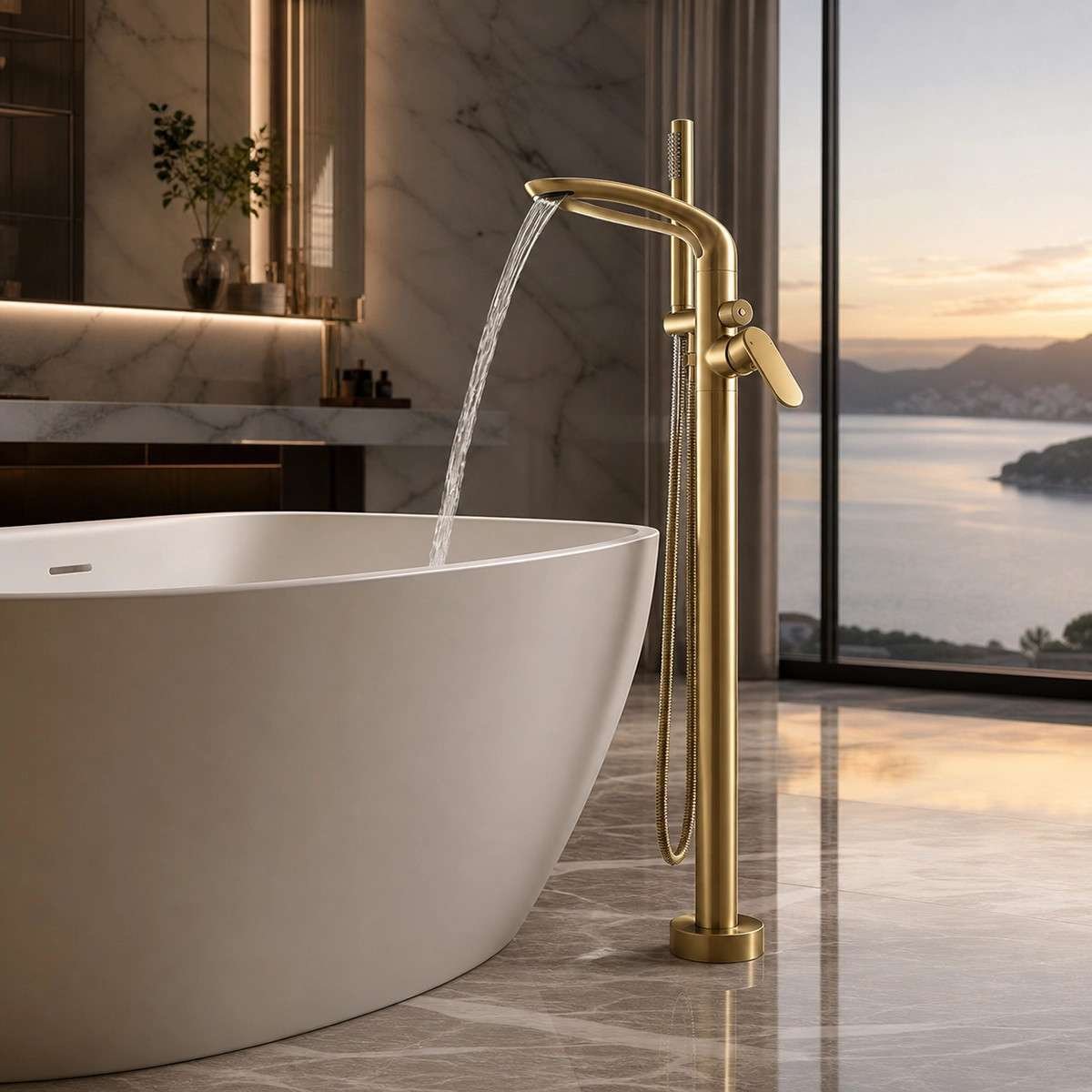Mitigeur sur Pied Doré Stim – Cascade & Douchette Luxe
