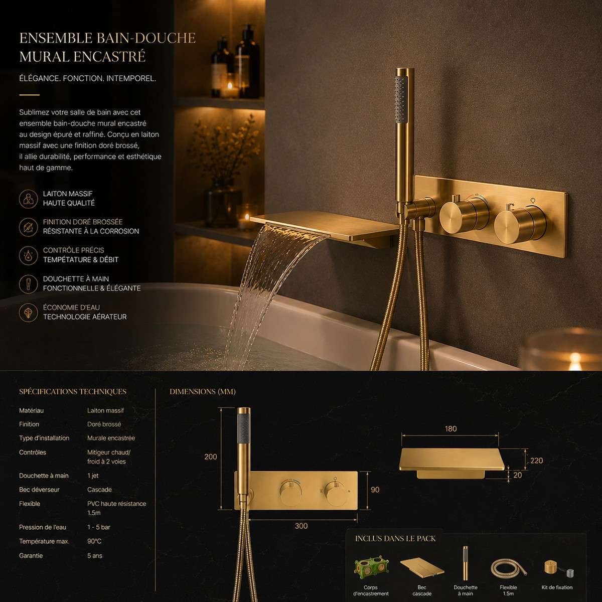 Mitigeur bain mural thermostatique Léno doré brossé