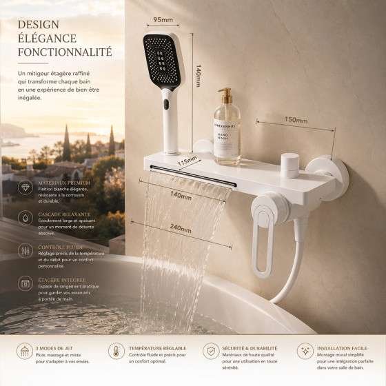 Mitigeur baignoire mural Lérida blanc – Cascade & douchette