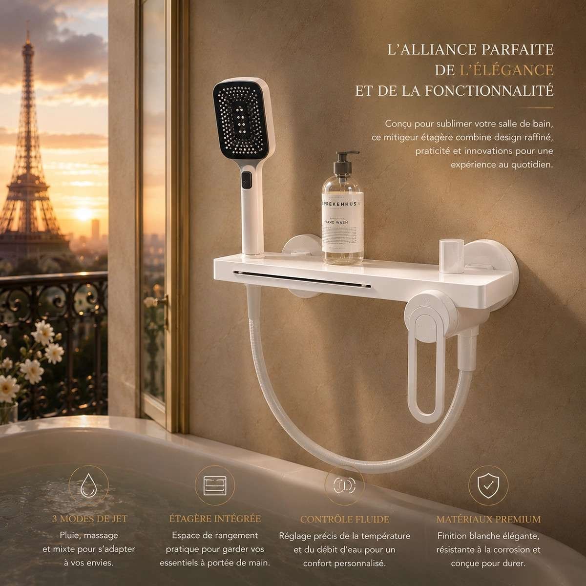 Mitigeur baignoire mural Lérida blanc – Cascade & douchette
