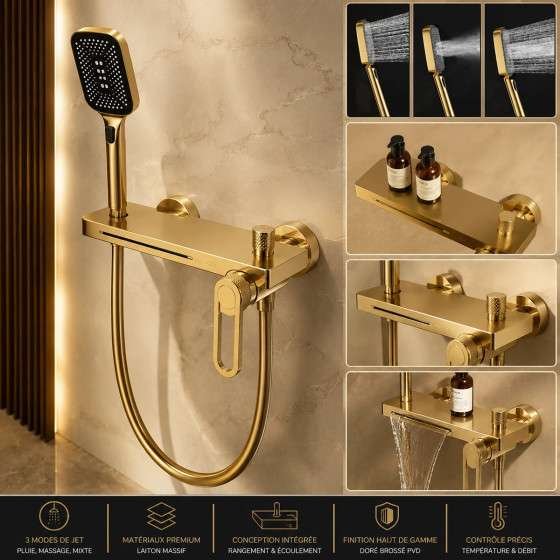 Mitigeur de bain mural Lüda doré – Cascade & douchette