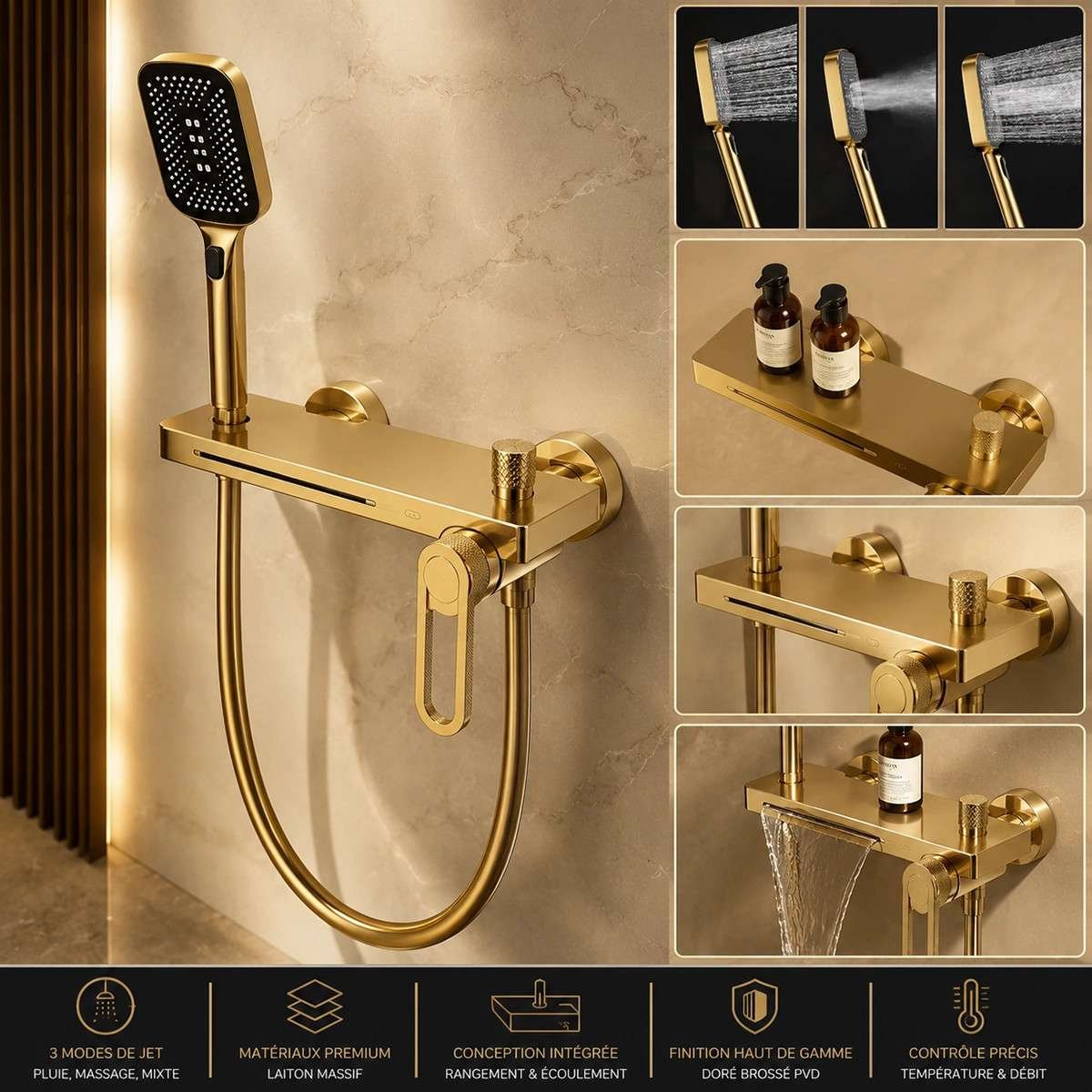 Mitigeur de bain mural Lüda doré – Cascade & douchette