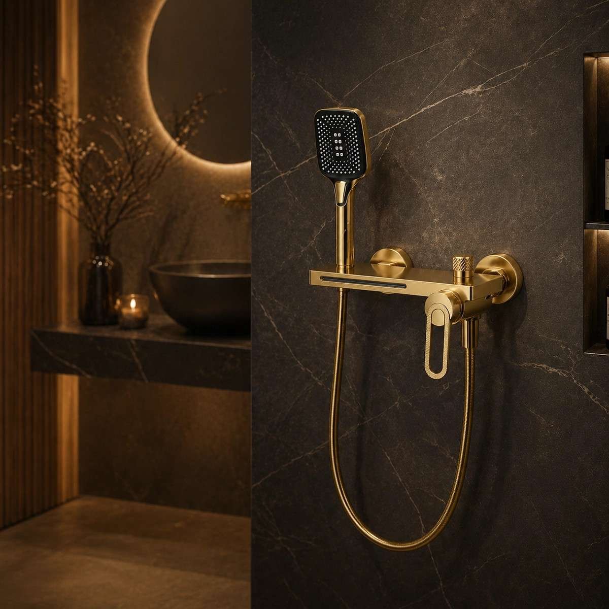 Mitigeur de bain mural Lüda doré – Cascade & douchette