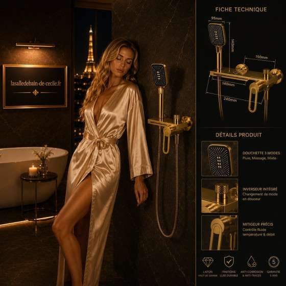 Mitigeur de bain mural Lüda doré – Cascade & douchette
