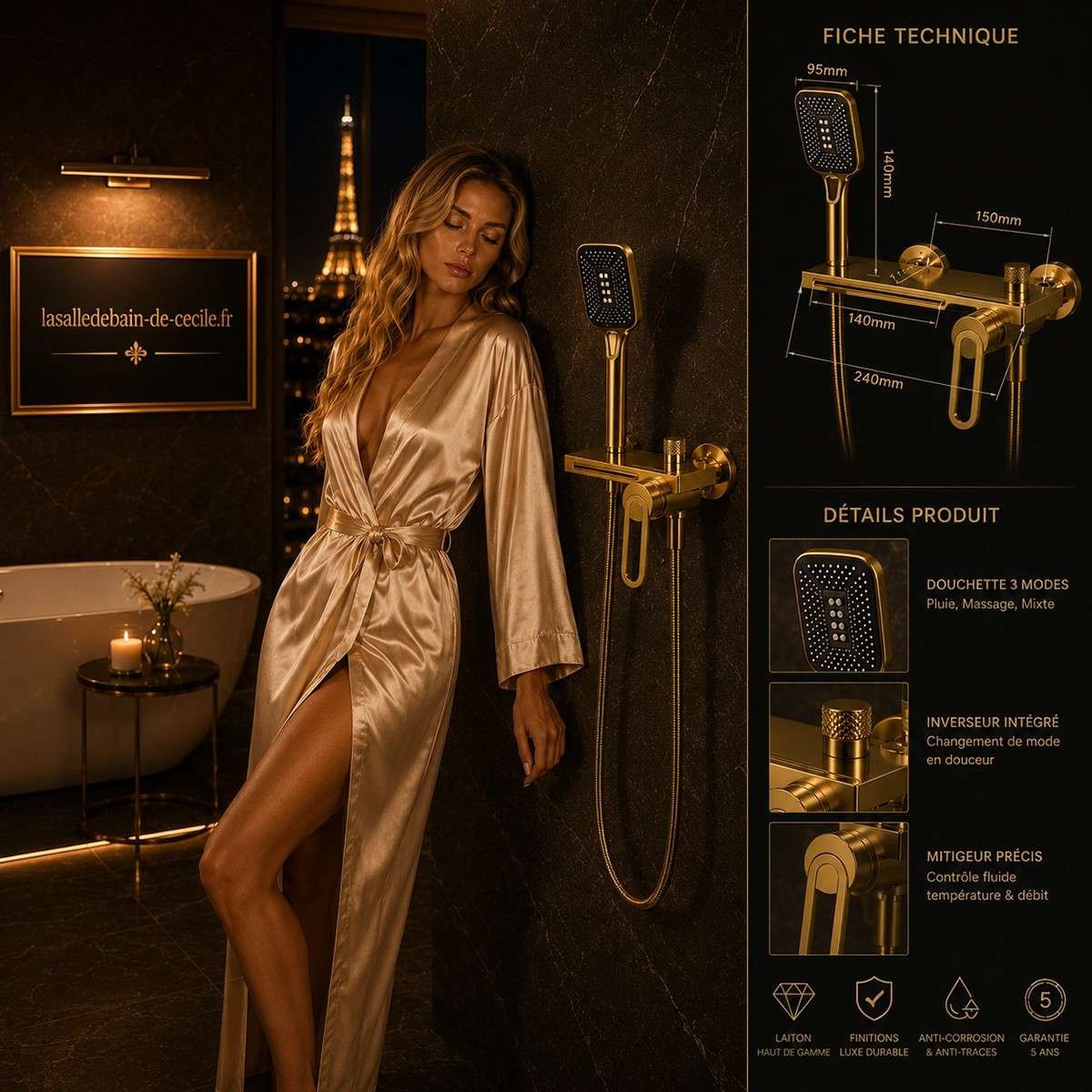 Mitigeur de bain mural Lüda doré – Cascade & douchette