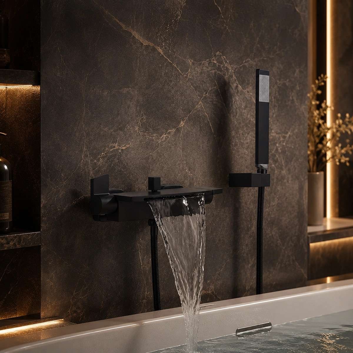 Mitigeur de bain mural Xilor noir mat – Cascade 18 cm