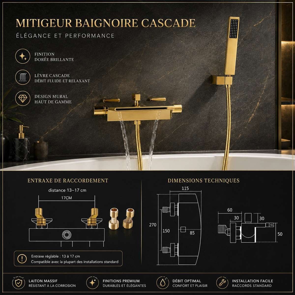 Mitigeur de bain mural Star doré – Cascade 18 cm