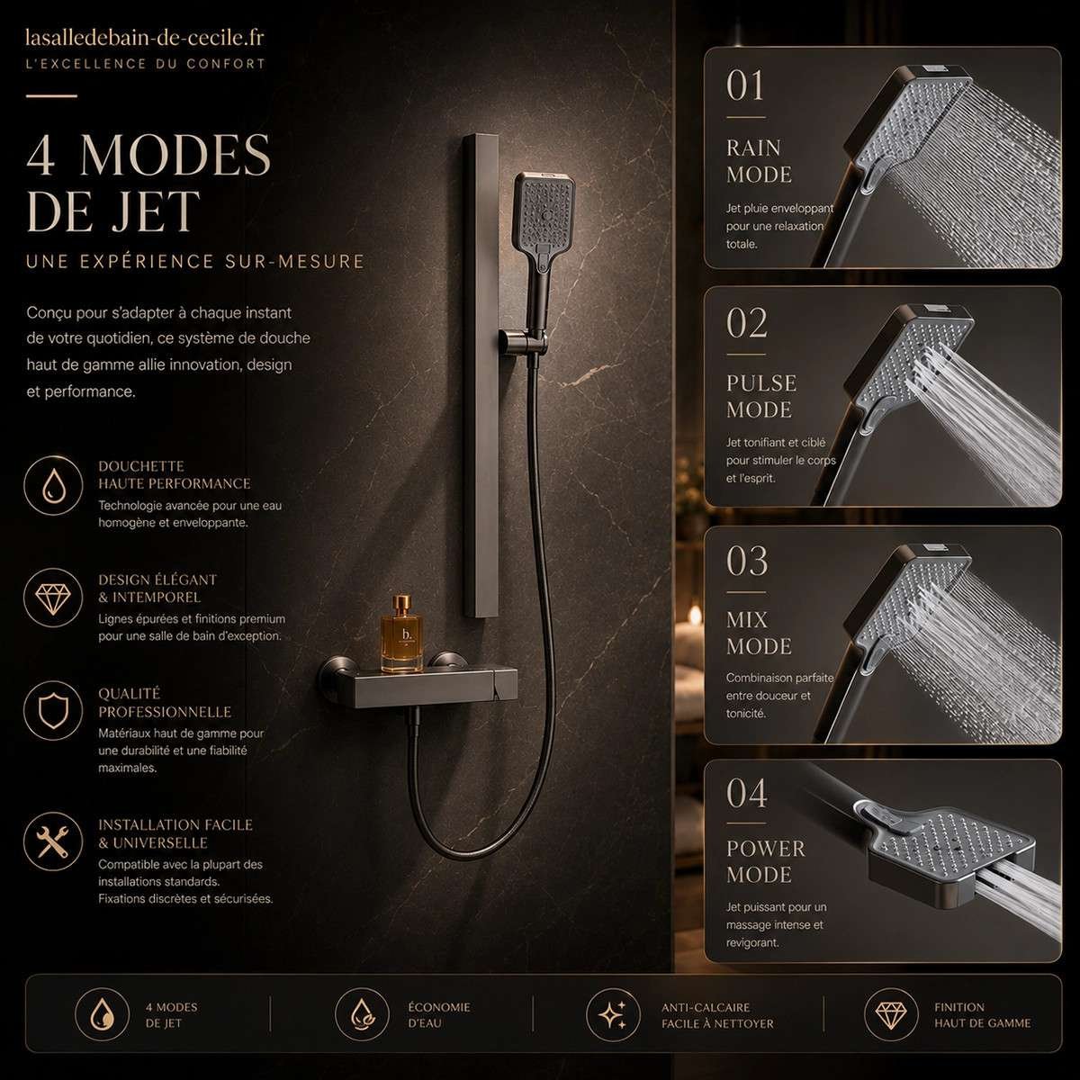 Mitigeur bain-douche Talius noir – Design moderne et 4 fonctions