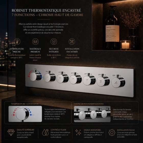 Mitigeur thermostatique Hermès 6 voies encastré chrome