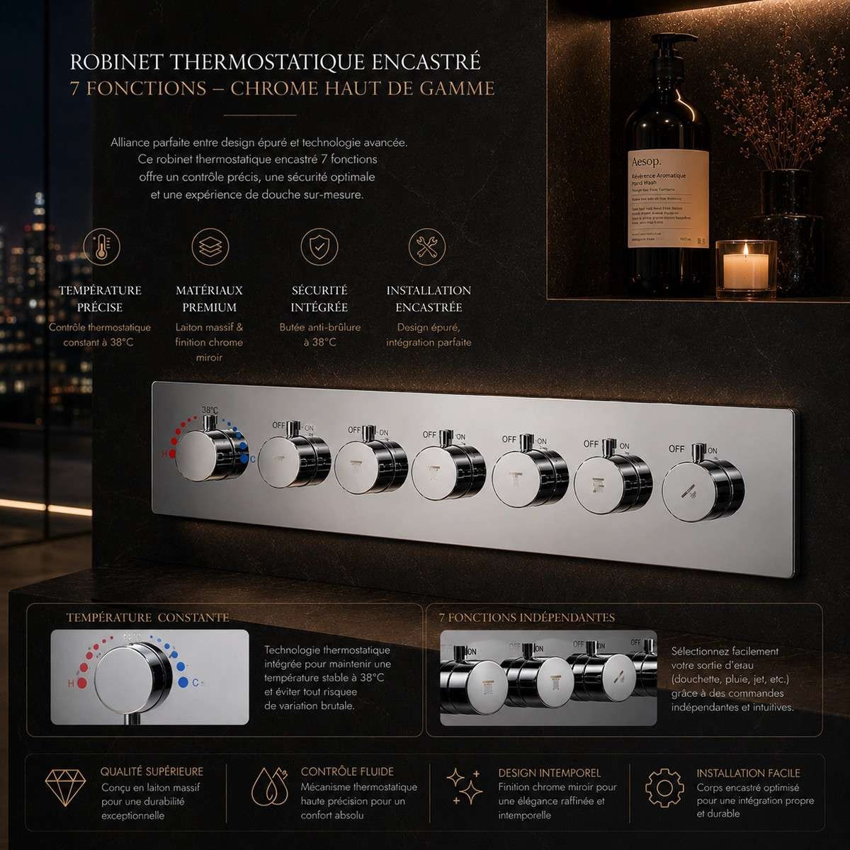 Mitigeur thermostatique Hermès 6 voies encastré chrome