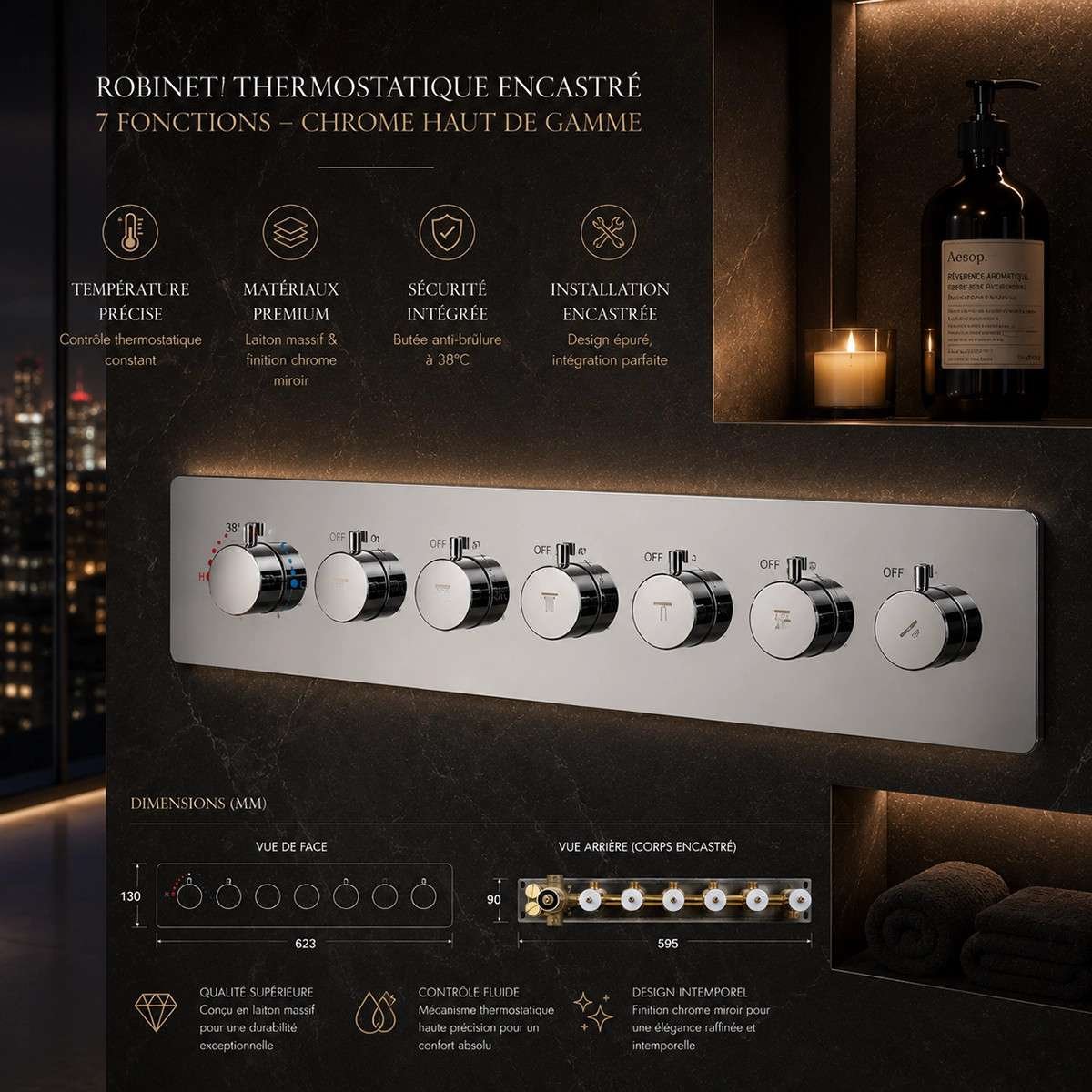 Mitigeur thermostatique Hermès 6 voies encastré chrome