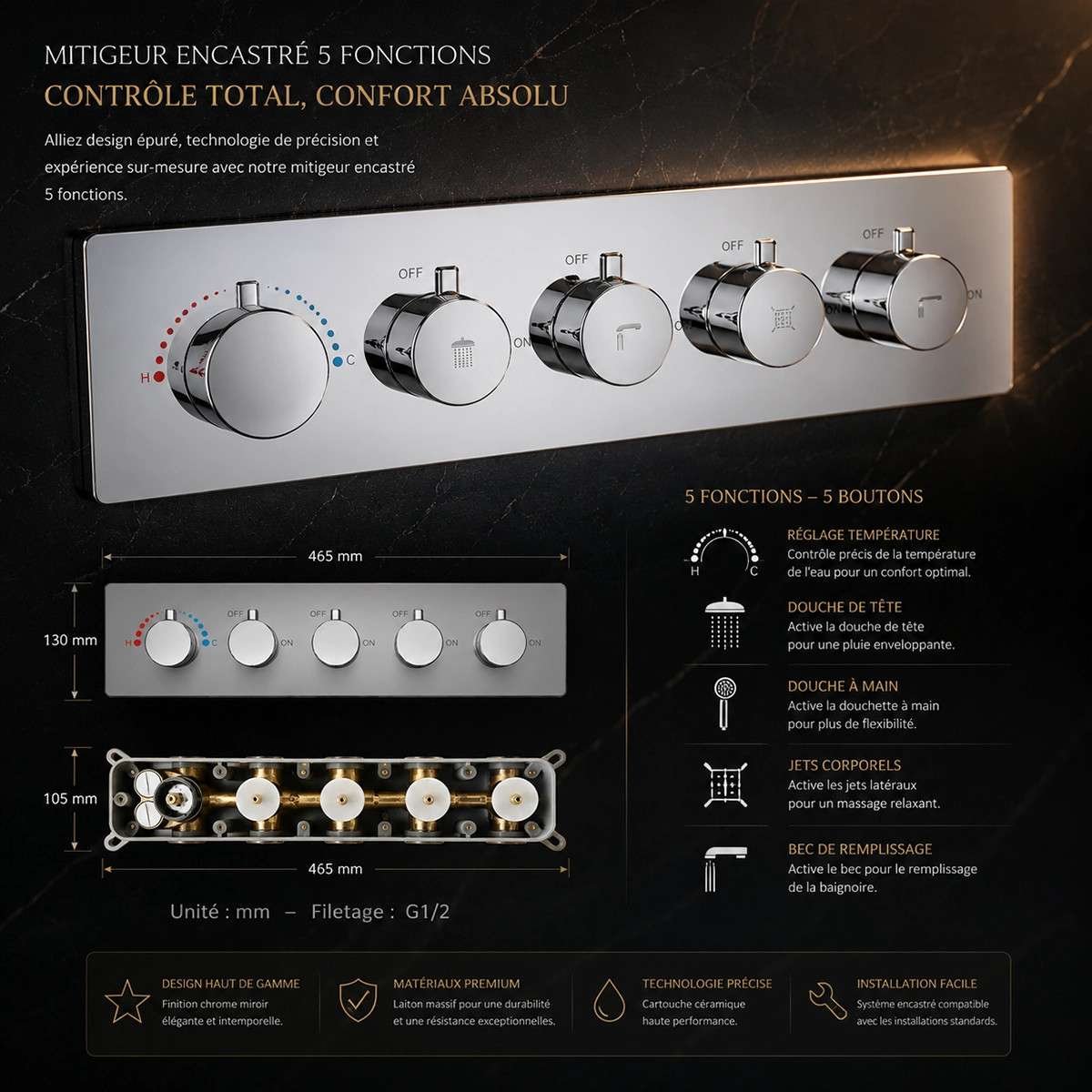 Mitigeur thermostatique Atlas 4 voies encastré chrome